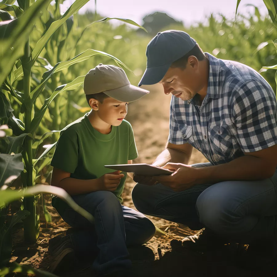 Father showing a child digital tablet in corn field